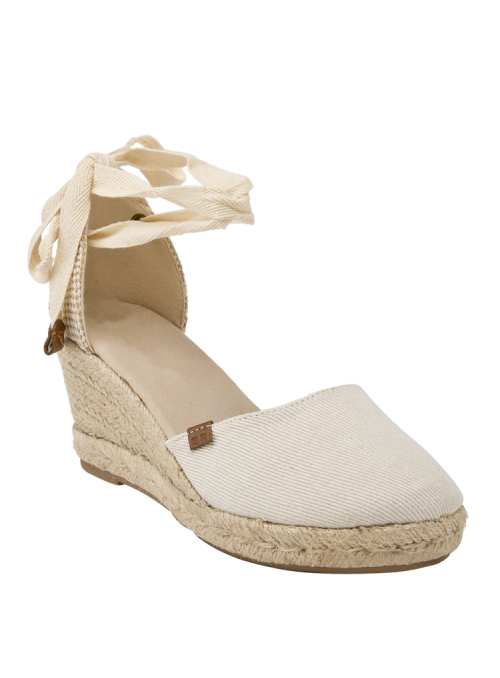 Alpargata beige mujer con cuña, diseño clásico y cintas al tobillo, ideal para estilo boho-chic.
