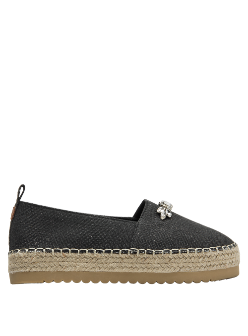 Zapato textil negro con detalles brillantes, perfecto para ocasiones informales.