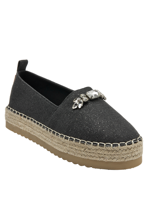 Zapato textil negro con detalles brillantes, perfecto para ocasiones informales.