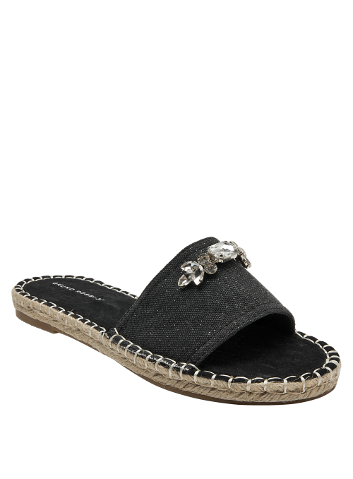 Alpargata textil negra, detalles de pedrería, estilo casual chic.